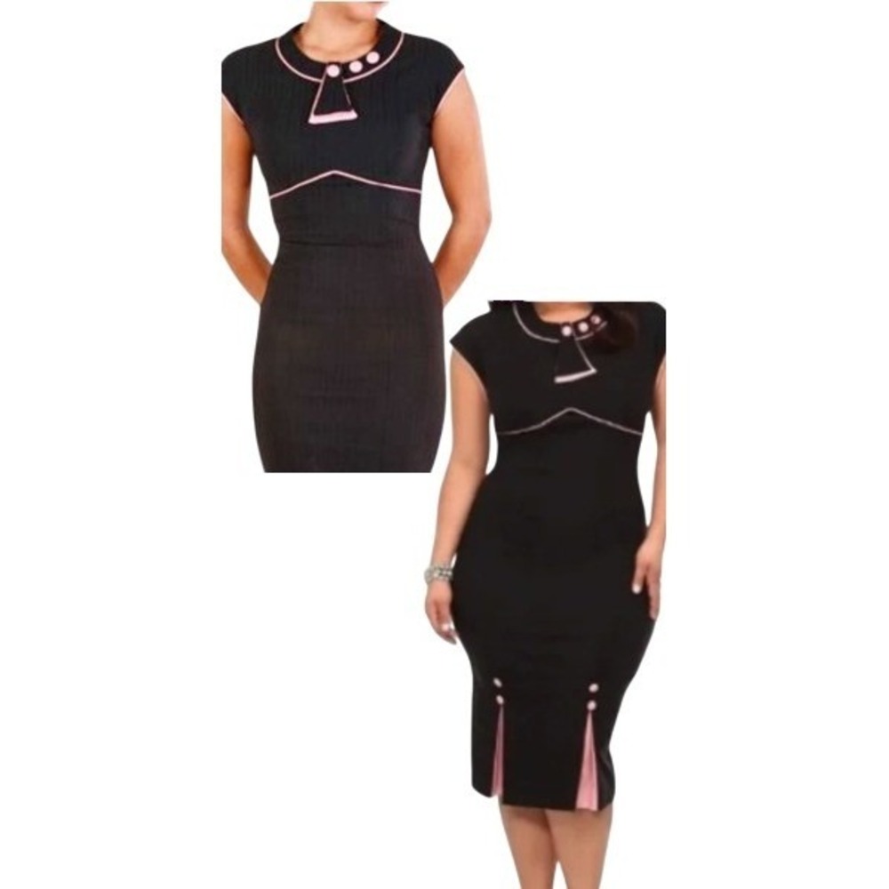 Stop Staring! Black Wiggle Dress Soft Pink Trim XL Vintage Pin-Up Midi - Picture 7 of 16